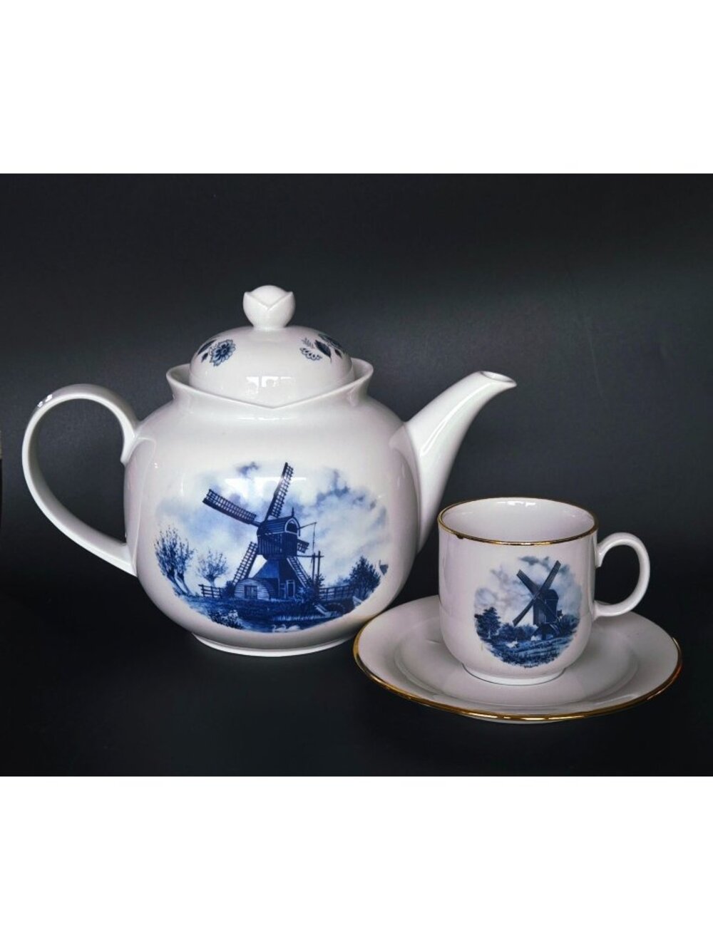 Delft Blue & White Windmill Porcelain Teapot Cup And Saucer Set With Gold Accent